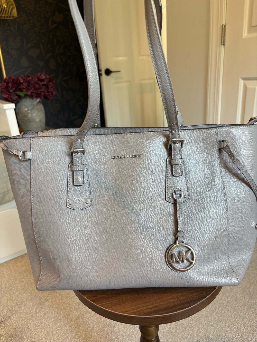 Michael Kors Grey Saffiano Leather Tote with MK Charm Jet Set Voyager